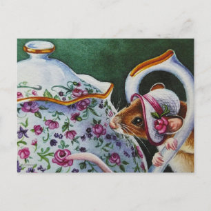 Vit vattenfärg i vit motorhuv i Tea Time Mouse Vykort
