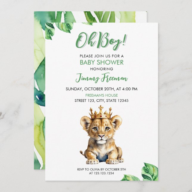 Vit vattenfärg och Grönt Lejon babystövel Inbjudningar (Fram/baksida)