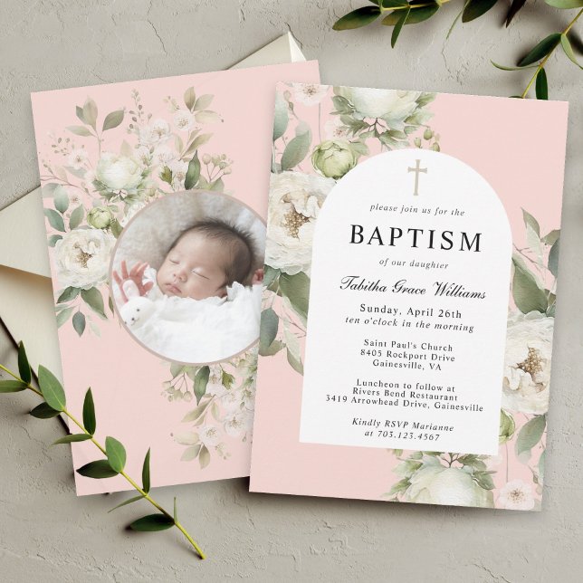 Vit vattenfärgad Blommigt med Baby fotopatism Inbjudningar (Skapare uppladdad)