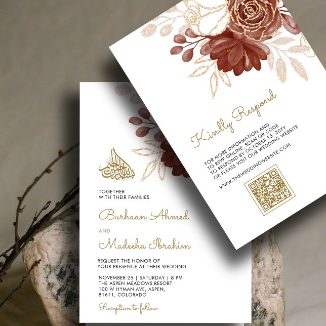 Vit vattenfärgad Blommigt Rustic Guld Muslim QR We Inbjudningar (Skapare uppladdad)