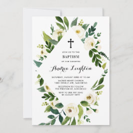 Vit vattenfärgsBlommigt Löv Ram Baptism Inbjudningar