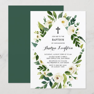 Vit vattenfärgsBlommigt Löv Ram Baptism Inbjudningar