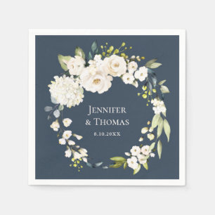 Vit vattenfärgsfärg på Blommigten Navy Blue Bröllo Pappersservett