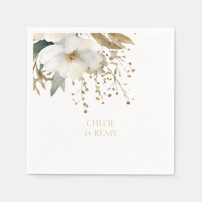 Vit | Vattenfärgsolja Blommigt Foliage & par Namn Pappersservett (Framsidan)