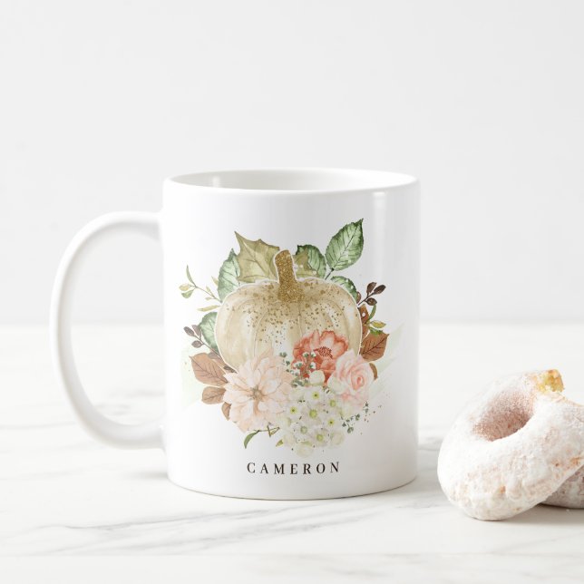 Vit vattenfärgspumpkin med hösten Guld Glitter Kaffemugg (Med munk)