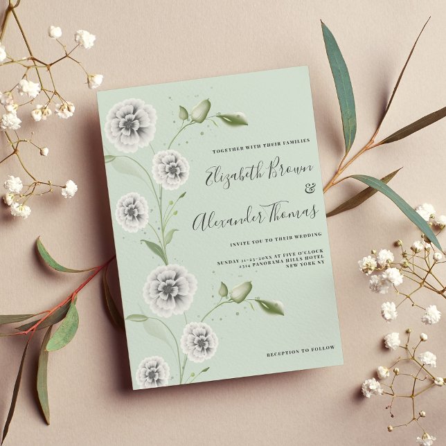 Vit vattenfärgsvallmo blommigt löv bröllop inbjudningar (White mint watercolor poppy floral leaves wedding invitation)