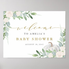 Vit vattenfärgsvit Pumpkin Greenery Fall Baby Show Poster