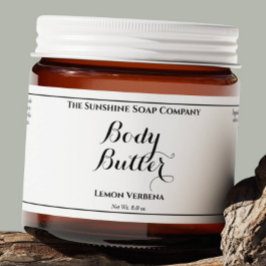 Vit vattentät body butter-etikett med lockig text vattenflaska etikett