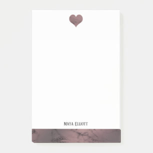 Vit vid Ro Guld Marble Heart & Gräns + Namn Post-it Block