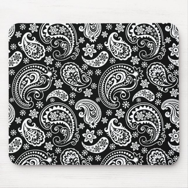 Vit vid svart Retro Ornate Paisley Mönster Design Musmatta (Framsidan)