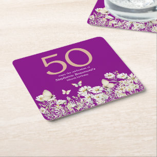 Vit vildblomma Surprise 50:e födelsedagen Underlägg Papper Kvadrat