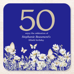 Vit vildblomma Surprise 50:e födelsedagen Underlägg Papper Kvadrat