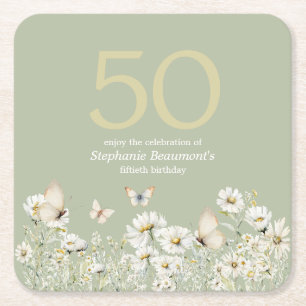 Vit vildblomma Surprise 50:e födelsedagen Underlägg Papper Kvadrat