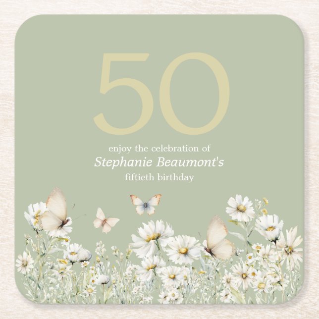 Vit vildblomma Surprise 50:e födelsedagen Underlägg Papper Kvadrat (Framsidan)