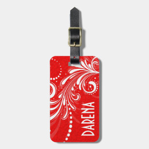 Vit Vintage Blommigt Swirl Red Damasks Monogram Bagagebricka