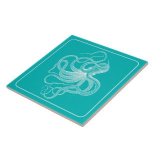 Vit Vintage Nautical Octopus på turkos Kakelplatta