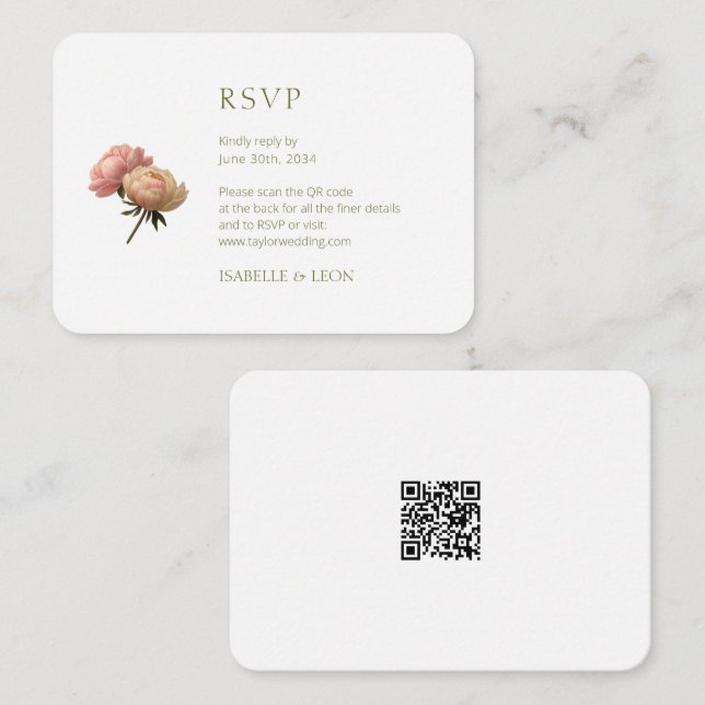 Vit Vintage Rose QR-kod Bröllop Tilläggskort (Fram/baksida)