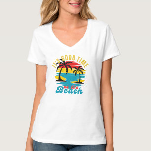 Vit Vintage Sunrise Sunset Nature Beach V-Nacke T Shirt