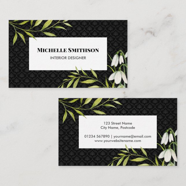 Vit vinterdroppe och Laurel Damask Visitkort (Fram/baksida)