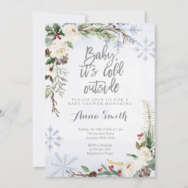 Vit vinterjul, Snöflingor, babykläder Inbjudningar (Framsida)
