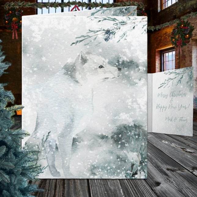 Vit vinterräv i Vilden Helgkort (Snowy Winter White Arctic Fox In The Wild Christmas Holiday Wraparound Graphics Folded Card)