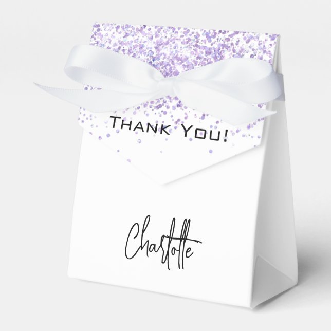 Vit violett glittergnistrande namn tack presentaskar (Framsidan Sidan)