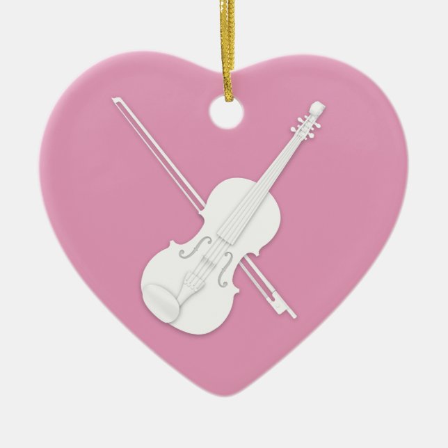 Vit Violin & Bow Söt Rosa Anpassningsbar Heart Julgransprydnad Keramik (Framsidan)