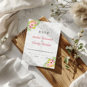 Vit virkad duk och blommor OSA kort