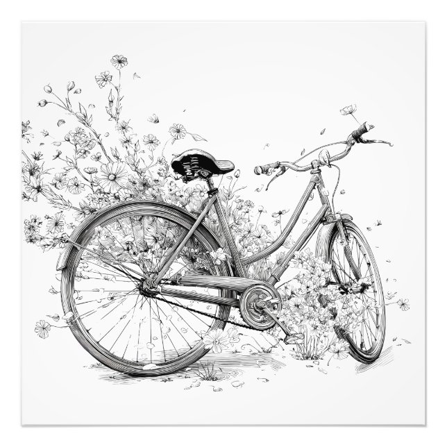 Vit, vit, vismisk cykel Blommor Teckning Fototryck (Framsidan)