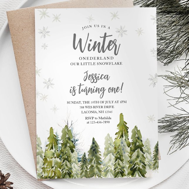 Vit Winter Onederland-födelsedag Skogsskog Inbjudningar (Skapare uppladdad)