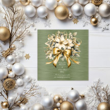 Vit Winterberry Grönt Löv Guld Ribbon