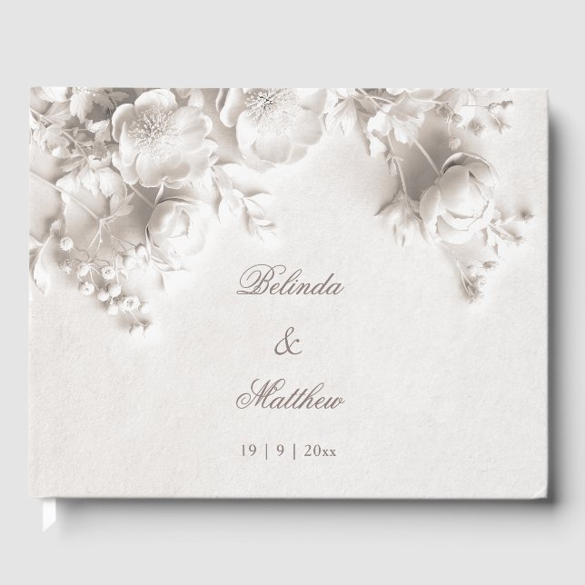 Vita 3D blommiga rosor | Bröllop Gästböcker (Framsida)