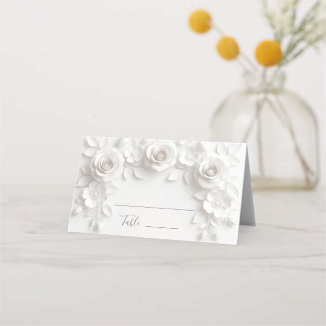 Vita 3D blommor välvd bröllop Placeringskort (Framsida)