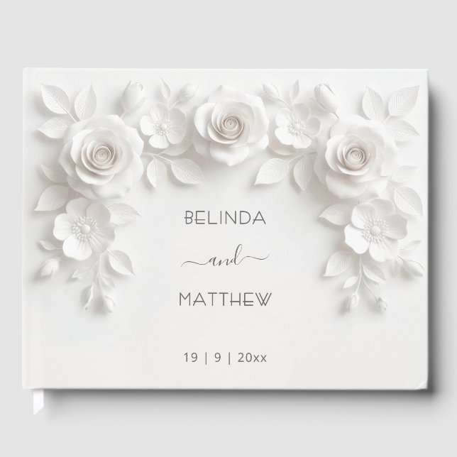 Vita 3D blomsterrosor | Bröllop Gästböcker (Framsida)