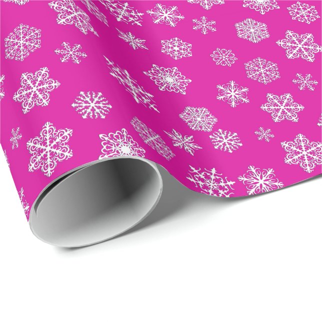 Vita 3D-snöflingor på fuchsia rosa bakgrund Presentpapper (Rullad Hörn)