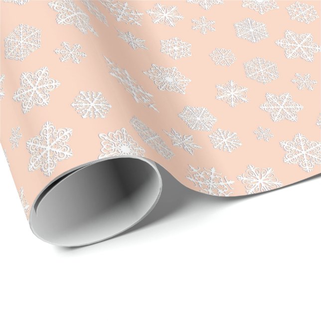 Vita 3D-snöflingor på persikofärgad bakgrund Presentpapper (Rullad Hörn)