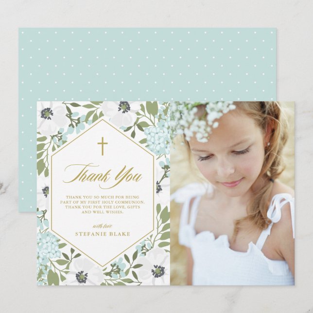 Vita Anemones Blue Blommigt First Communion Photo Tack Kort (Fram/baksida)