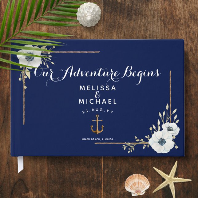 Vita Anemones ⚓️ Navy Blue Nautical Bröllop Gästböcker (White Anemones ⚓️ Navy Blue Nautical Wedding Guest Book
)