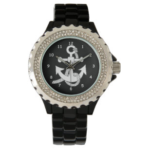 Vita ankare på svart armbandsur