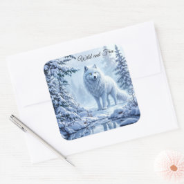 Vita arktiska vargens vinterlandskapskonstruktion fyrkantigt klistermärke