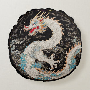Vita asiatiska draken och molnen Rund fyllning Rund Kudde