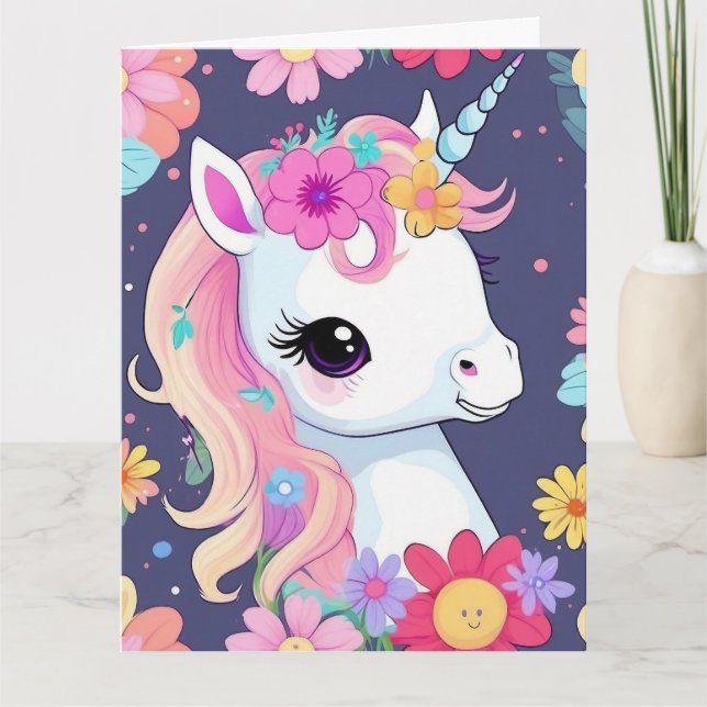 Vita Baby Unicorn med blommor Kort (Framsida)
