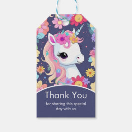 Vita Baby Unicorn med blommor Presentetikett