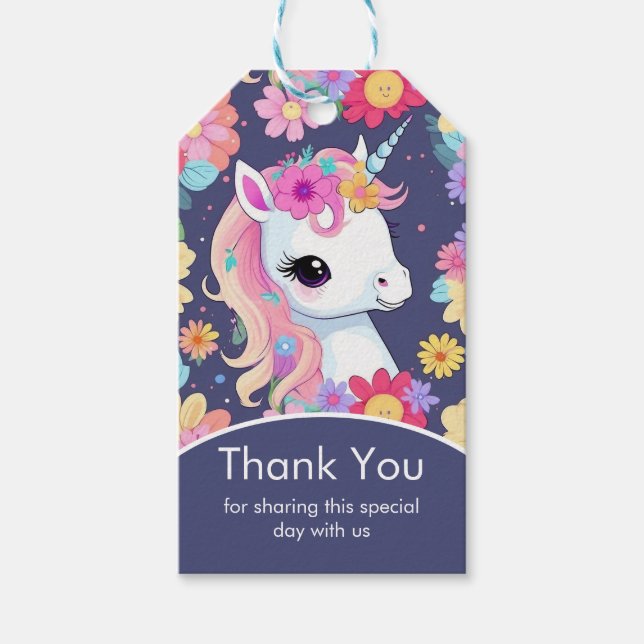 Vita Baby Unicorn med blommor Presentetikett (Framsidan)