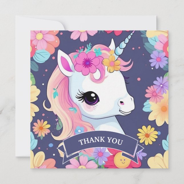 Vita Baby Unicorn med blommor Tack Kort (Framsida)