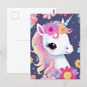 Vita Baby Unicorn med blommor Vykort