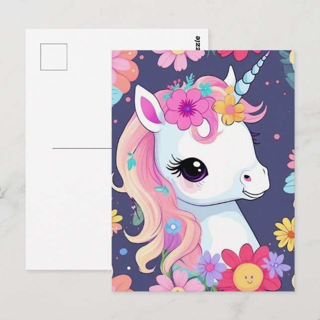 Vita Baby Unicorn med blommor Vykort (Fram/baksida)