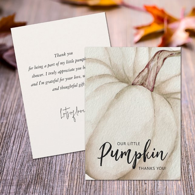 Vita babyskor, platta tack kort (White pumpkin baby shower flat thank you cards feature your message on the back.)