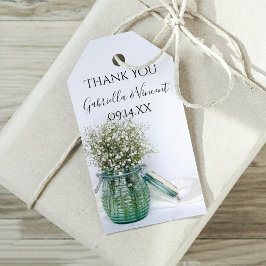 Vita babyutandning i Blue Burk Wedding Favor Märkr Presentetikett