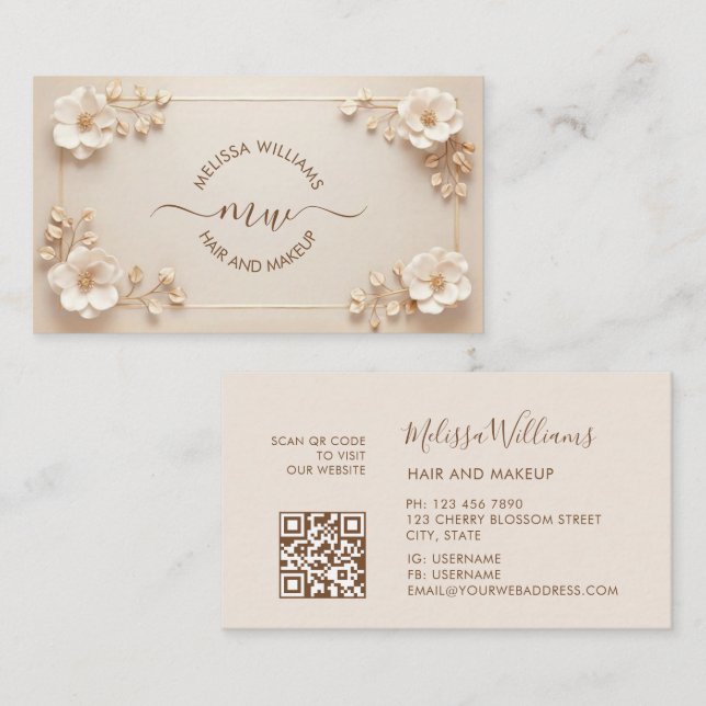 Vita Beige 3D Blommor Initialer Visitkort (Fram/baksida)